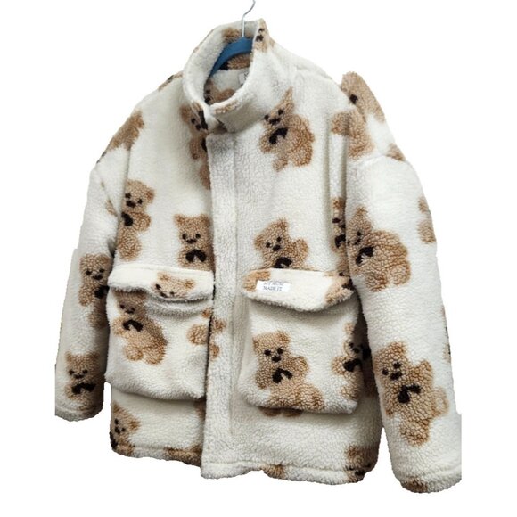 My Mum Made It Teddy Bear Sherpa Jacket Beige Brown Plush Fleece Coat Oversized - Picture 3 of 16